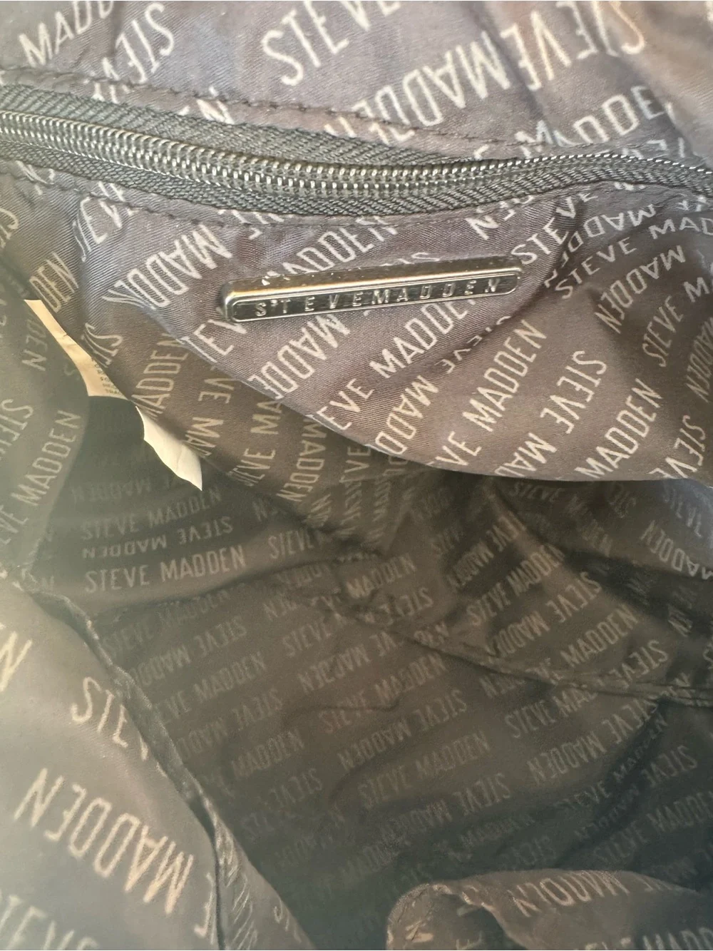 Quilted Steve Madden Black Leather Shoulder Bag with Chain Accent and SM LOGO